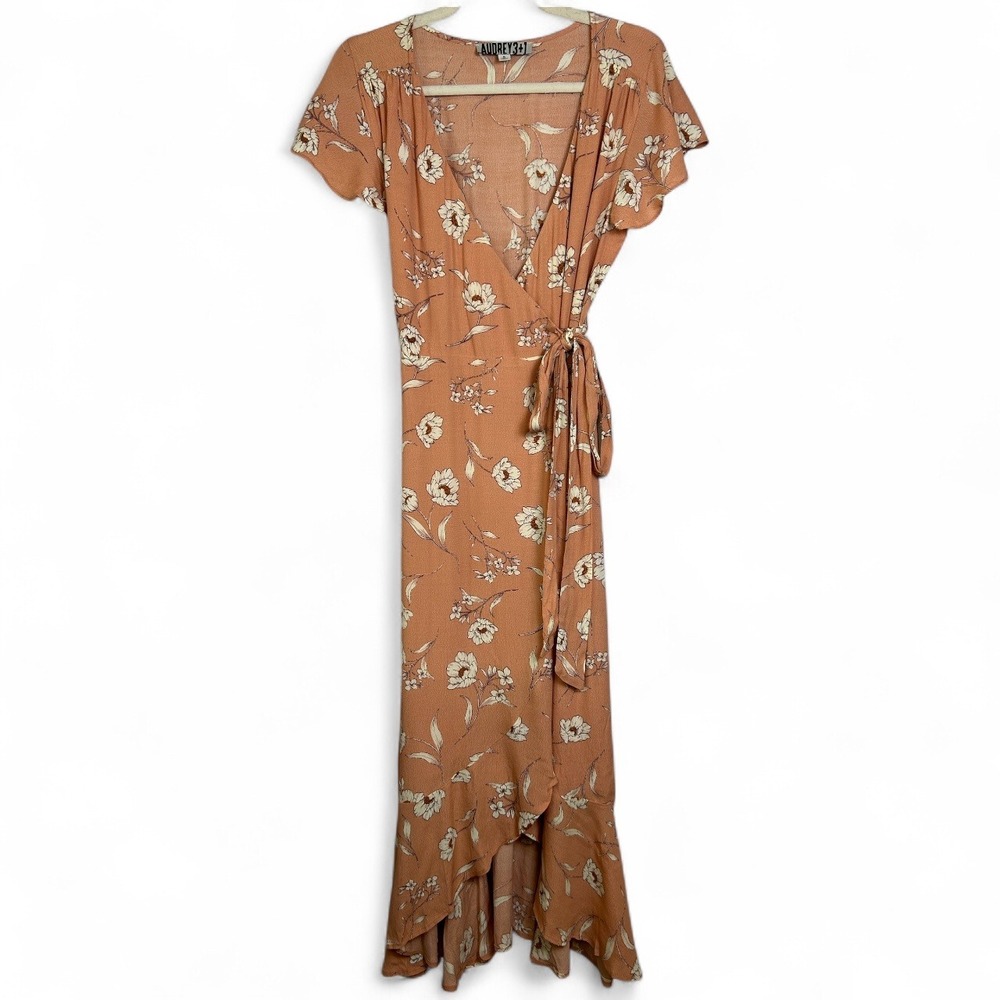 Audrey 3+1 Floral Wrap Maxi Dress Peach Boho Ruffle Hem Short Sleeve Small